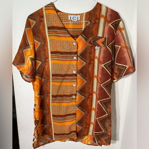I.C.I Sheer Orange Abstract Geometric Print Blouse - Picture 5 of 6
